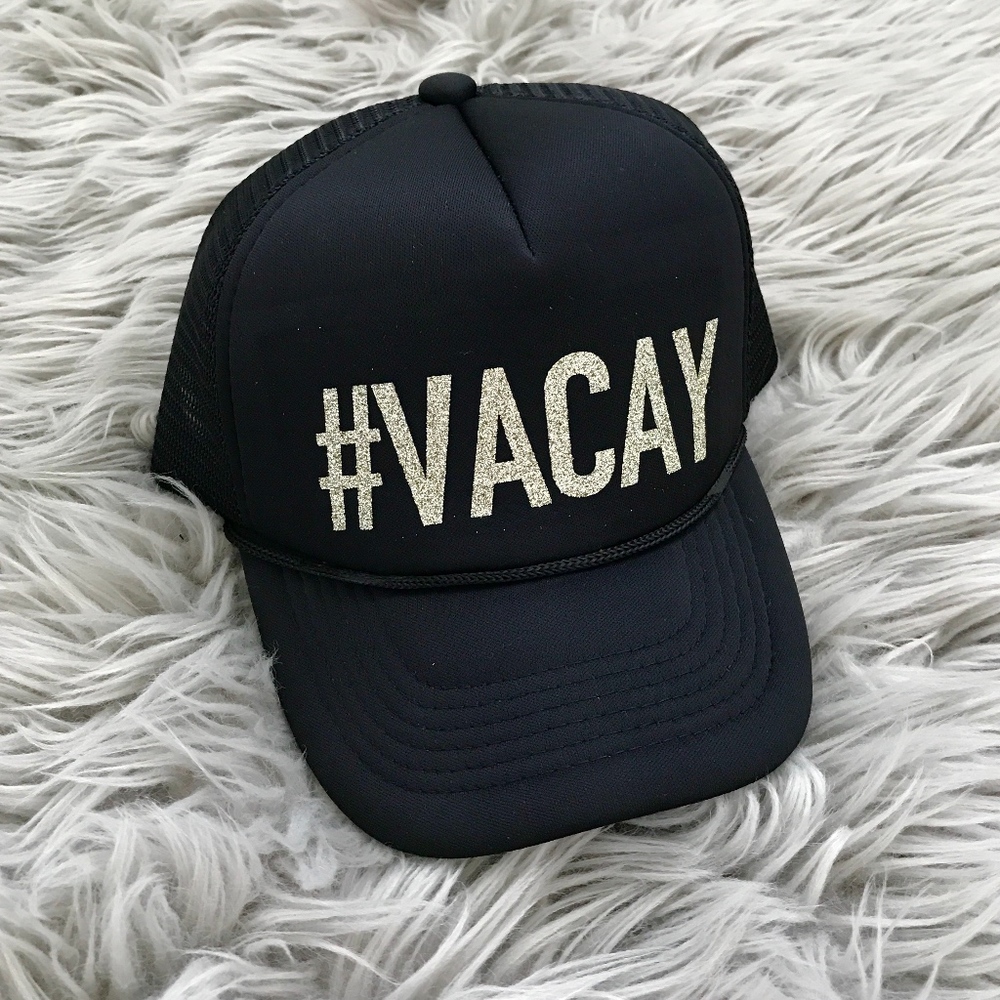 Trucker Hat #Vacay gold glitter $9.00